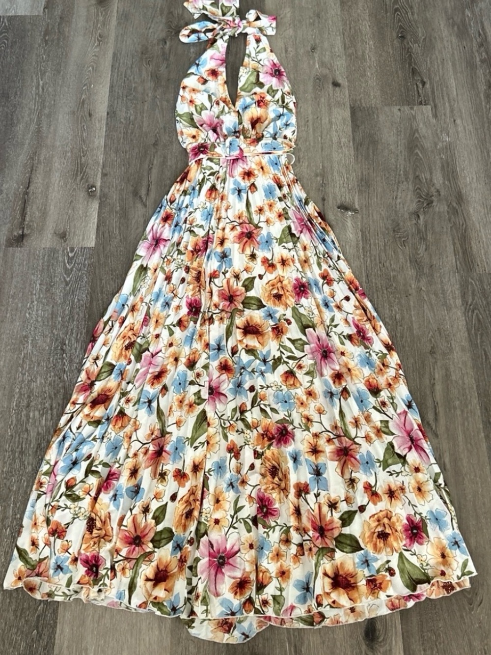 Va Va Voom Floral Halter Maxi Dress in White, Pink, Blue, Gold